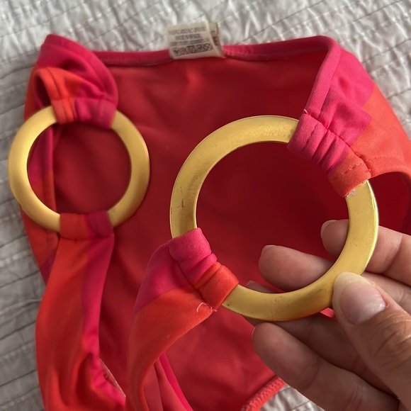 Sugar free swim bikini by Vanessa hall pink orange stripe strapless gold accent - Picture 7 of 9